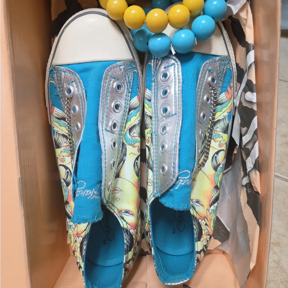 Ed Hardy women’s canvas Teal Floral Slip-On Sneakers Y2K brand New - Picture 2 of 6